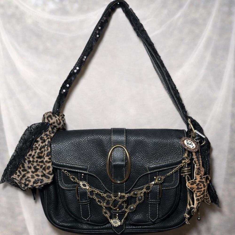 BCBG MAXAZRIA Black Leather Shoulder Bag Buckle Flap Crossbody Purse